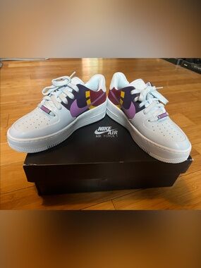 New Nike Air Force 1 Low-Top Sneakers in White with Purple & Yellow Accents